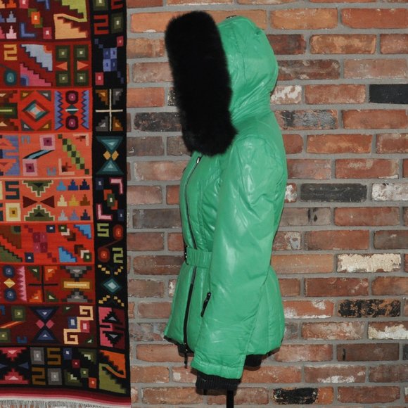 Shenowa Kelly Green Wet Look Down Puffer Belted Coat Jacket Fox Fur Hood Trim M - Picture 9 of 10